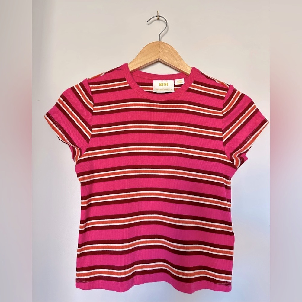 Maeve Anthropologie Ringer Striped Pink Baby Fitted Tee Top Y2K Crop, L